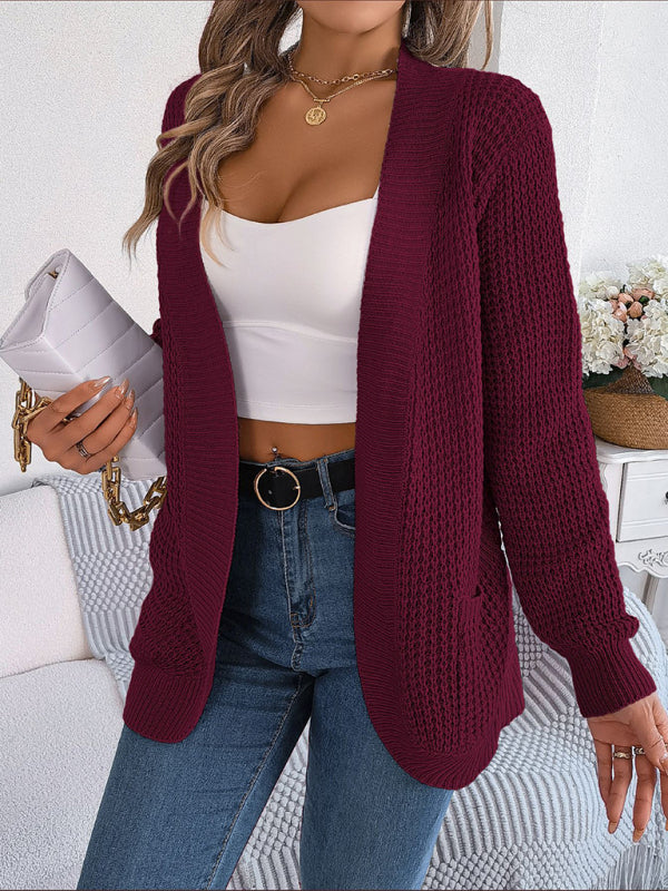 Cardigans- Solid Waffle Knitted Pocket Cardigan- - IndioGear Fashion and Gear