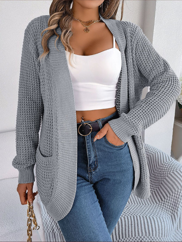 Cardigans- Solid Waffle Knitted Pocket Cardigan- - IndioGear Fashion and Gear