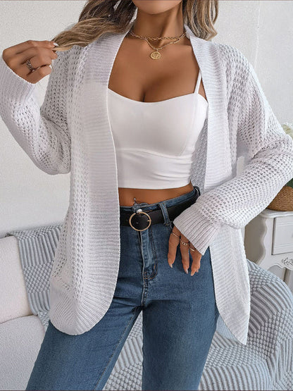 Cardigans- Solid Waffle Knitted Pocket Cardigan- White- IndioGear Fashion and Gear