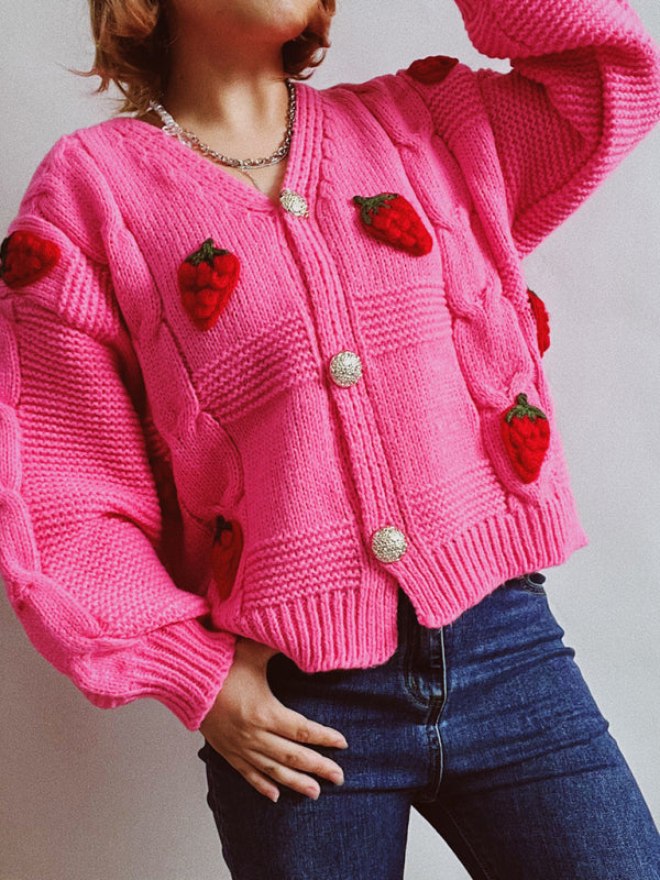 Cardigans- Strawberry Embroidered Cable Knit Button-Up Sweater Cardigan- - IndioGear Clothing and Gear