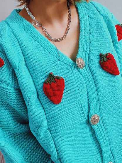 Cardigans- Strawberry Embroidered Cable Knit Button-Up Sweater Cardigan- - IndioGear Clothing and Gear