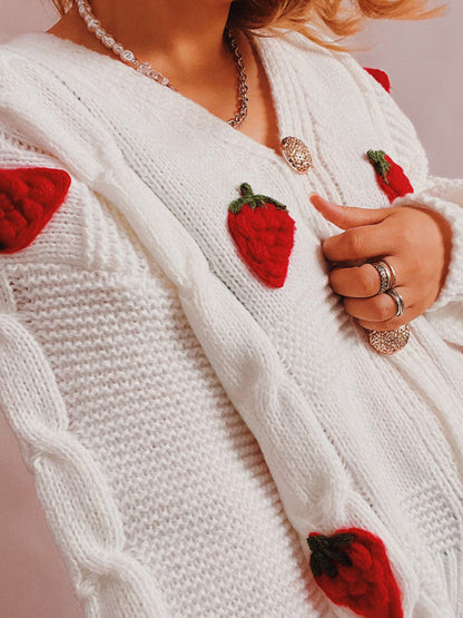 Cardigans- Strawberry Embroidered Cable Knit Button-Up Sweater Cardigan- - IndioGear Clothing and Gear