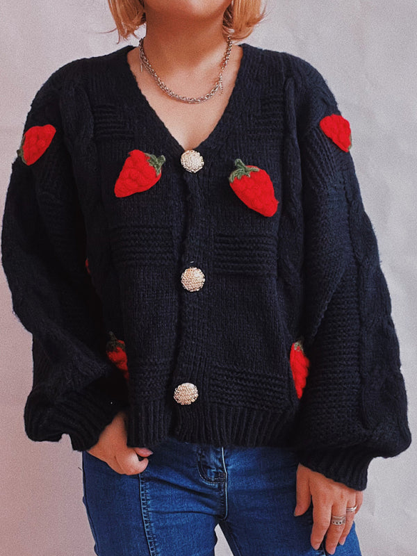 Cardigans- Strawberry Embroidered Cable Knit Button-Up Sweater Cardigan- - IndioGear Clothing and Gear