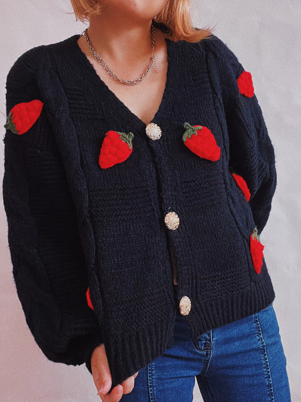 Cardigans- Strawberry Embroidered Cable Knit Button-Up Sweater Cardigan- - IndioGear Clothing and Gear