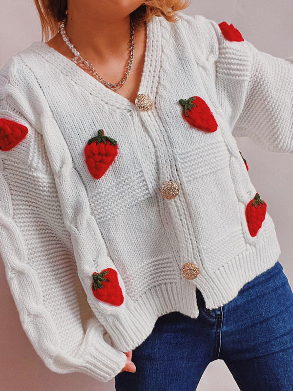 Cardigans- Strawberry Embroidered Cable Knit Button-Up Sweater Cardigan- White- IndioGear Clothing and Gear