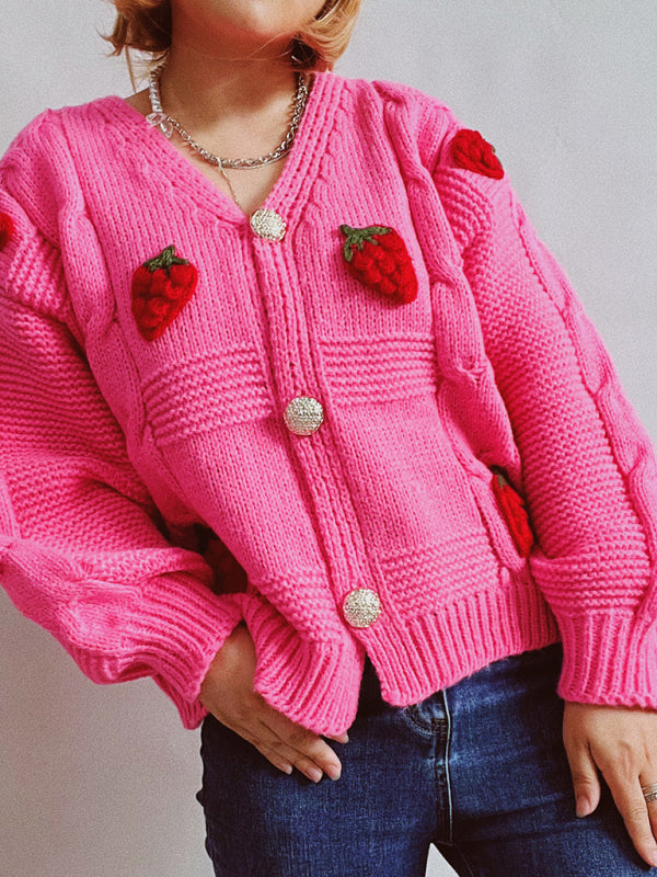 Cardigans- Strawberry Embroidered Cable Knit Button-Up Sweater Cardigan- Pink- IndioGear Clothing and Gear