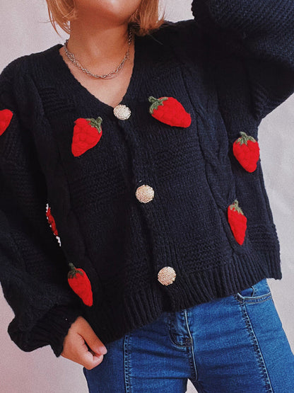 Cardigans- Strawberry Embroidered Cable Knit Button-Up Sweater Cardigan- Black- IndioGear Clothing and Gear