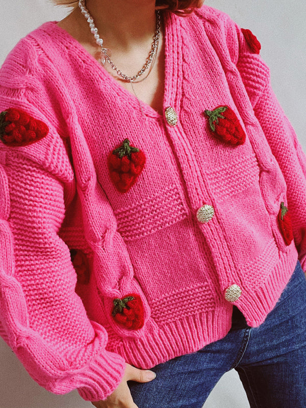 Cardigans- Strawberry Embroidered Cable Knit Button-Up Sweater Cardigan- - IndioGear Clothing and Gear