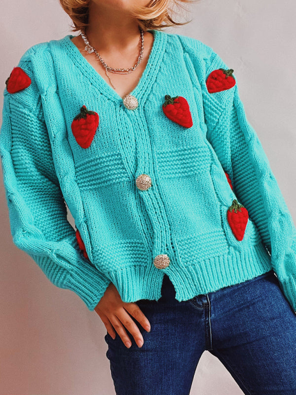 Cardigans- Strawberry Embroidered Cable Knit Button-Up Sweater Cardigan- Blue- IndioGear Clothing and Gear