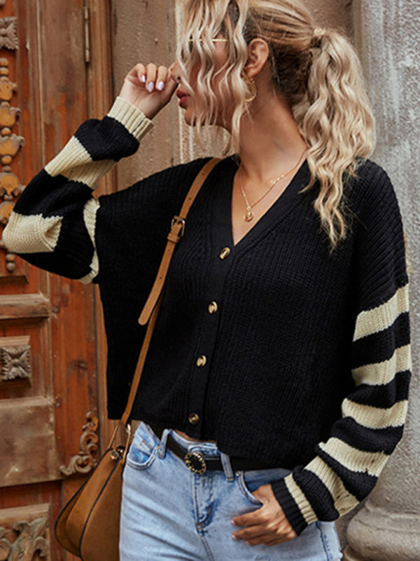 Cardigans- Stripe Knitting Button Sweater Cardigan- - IndioGear Fashion and Gear