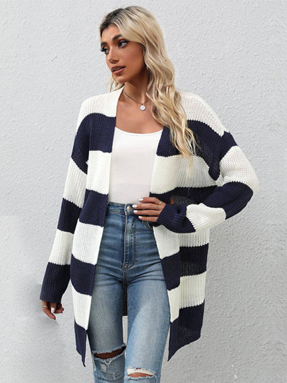 Cardigans- Stripe Waffle Knitted Drop Shoulder Mid-Length Cardigan- - IndioGear Fashion and Gear