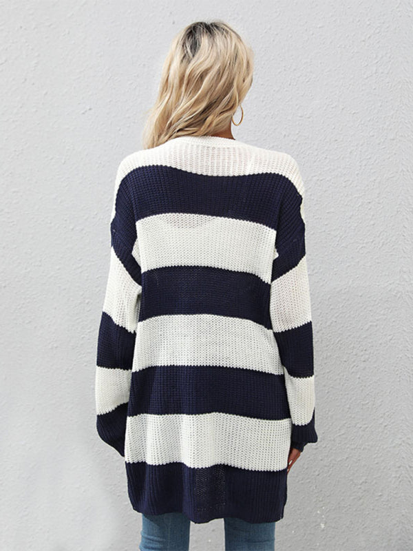 Cardigans- Stripe Waffle Knitted Drop Shoulder Mid-Length Cardigan- - IndioGear Fashion and Gear