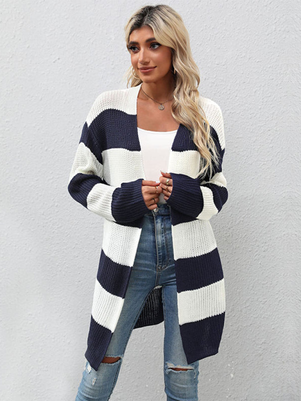 Cardigans- Stripe Waffle Knitted Drop Shoulder Mid-Length Cardigan- - IndioGear Fashion and Gear