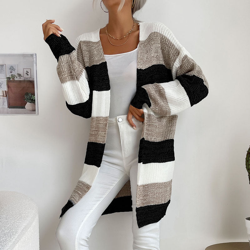 Cardigans- Trendy Buttonless Cardigan - Women's Winter Knitted Sweater Jacket- Khaki- IndioGear Fashion and Gear