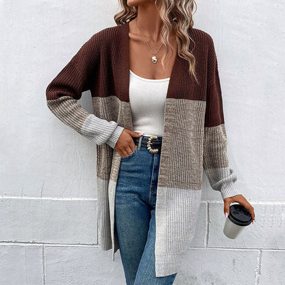 Cardigans- Trendy Buttonless Cardigan - Women's Winter Knitted Sweater Jacket- Coffee- IndioGear Fashion and Gear