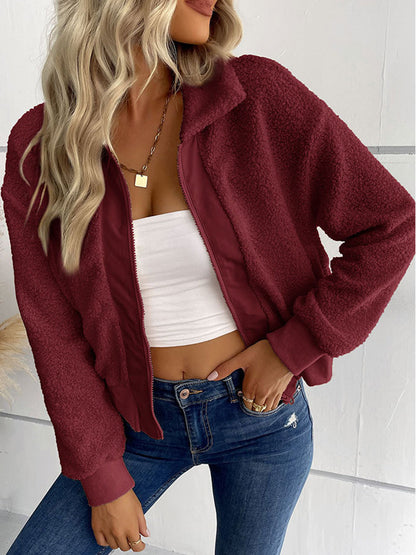 Cardigans- Trendy Zipper Luxe Fur Cardigan: Women's Winter Plush Sweater- Wine red- IndioGear Fashion and Gear