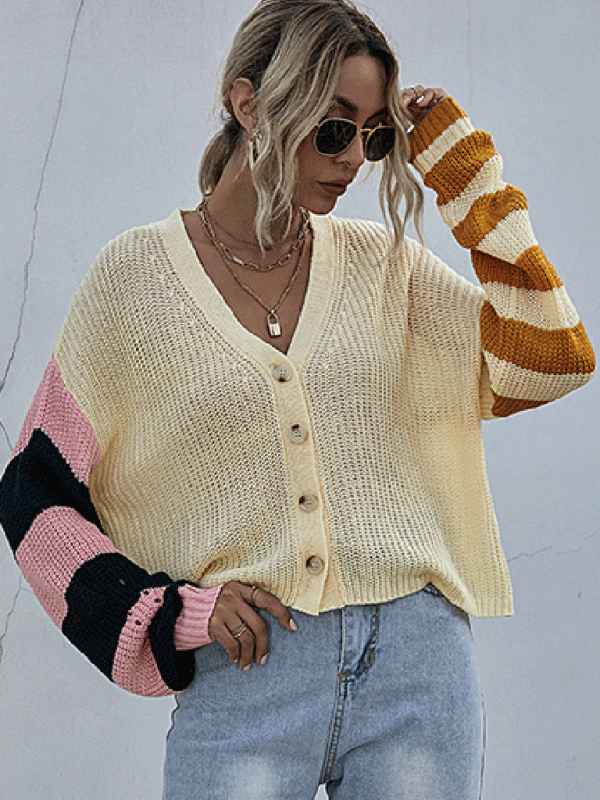 Cardigans- Waffle Knitted Stripe Button Crop Sweater Cardigan- Cracker khaki- IndioGear Fashion and Gear