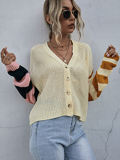 Cardigans- Waffle Knitted Stripe Button Crop Sweater Cardigan- - IndioGear Fashion and Gear