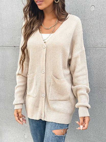 Cardigans- Waffle Knitting Button-Up Mid-Length Sweater - Essential Relax Fit Cardigan- - IndioGear Fashion and Gear