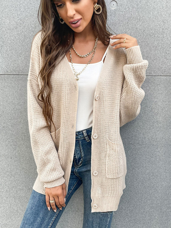 Cardigans- Waffle Knitting Button-Up Mid-Length Sweater - Essential Relax Fit Cardigan- Khaki- IndioGear Fashion and Gear