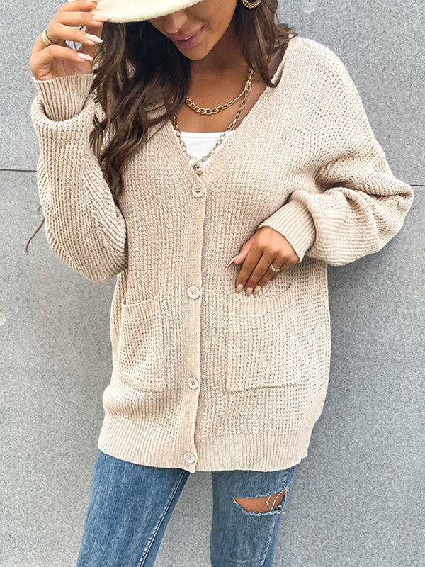 Cardigans- Waffle Knitting Button-Up Mid-Length Sweater - Essential Relax Fit Cardigan- - IndioGear Fashion and Gear