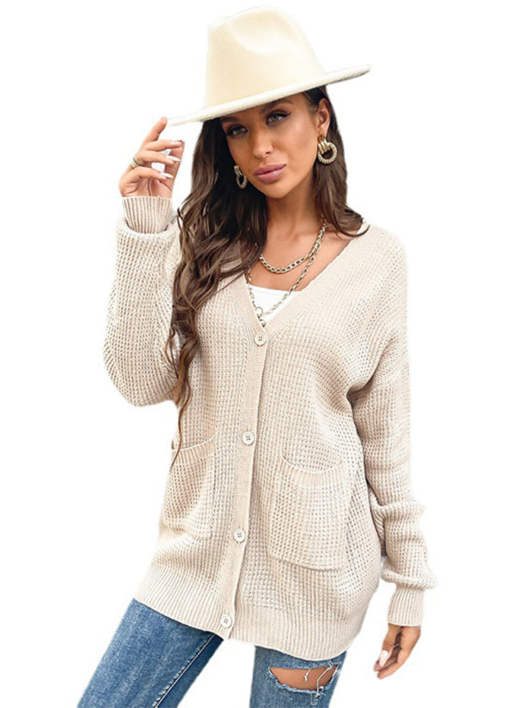 Cardigans- Waffle Knitting Button-Up Mid-Length Sweater - Essential Relax Fit Cardigan- - IndioGear Fashion and Gear