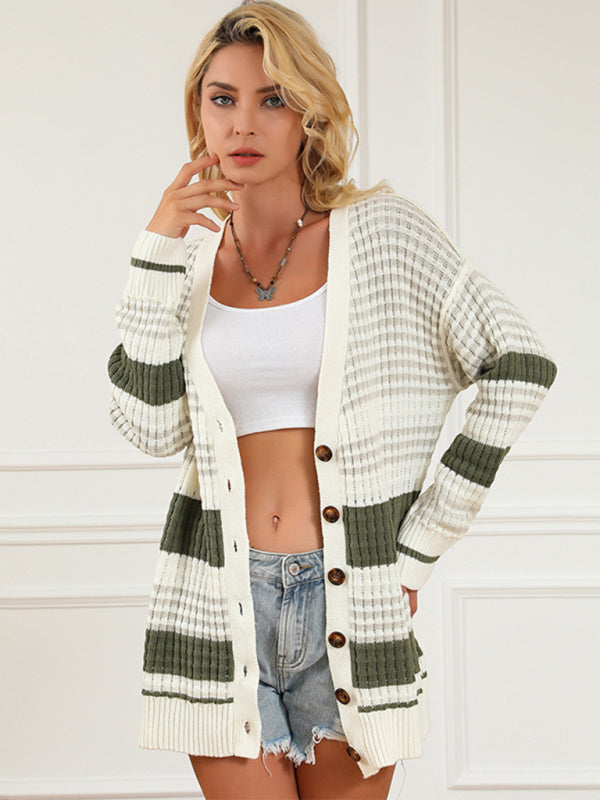 Waffle Stripe Mid-Length Cardi | Cardigan Sweater