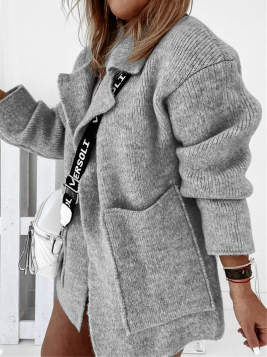 Cardigans-Winter Oversized Layering | Knitted Notch Lapel Open Front Cardigan-Pekosa Women Clothing