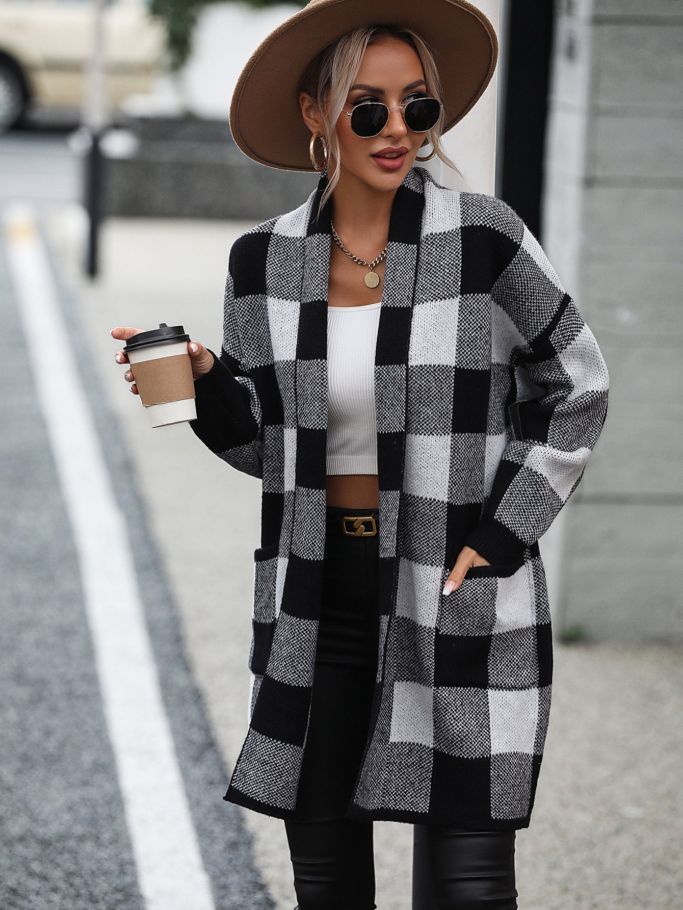 Cardigans- Women's Knit Plaid Pockets Long Cardigan - Shawl Collar Sweater Coat- - IndioGear Fashion and Gear