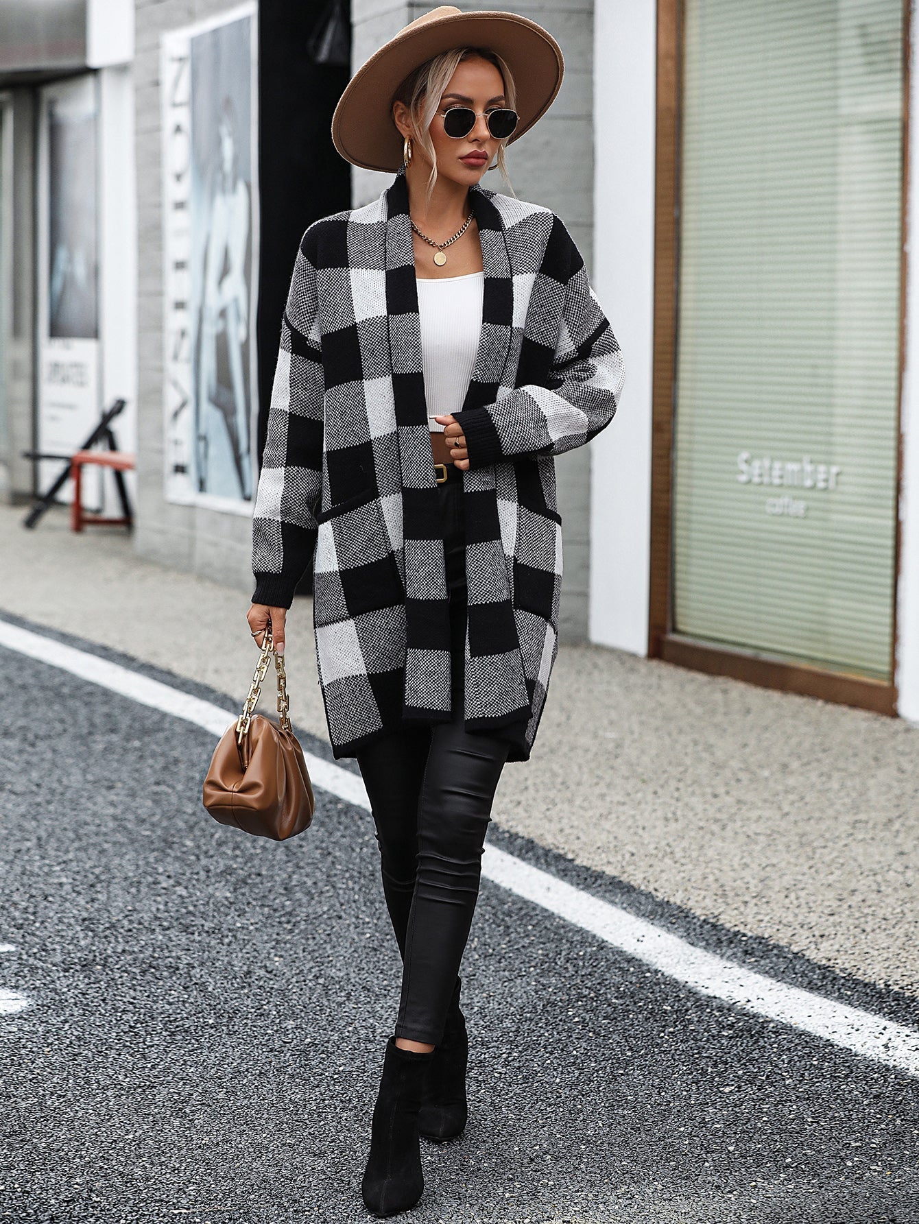 Cardigans- Women's Knit Plaid Pockets Long Cardigan - Shawl Collar Sweater Coat- - IndioGear Fashion and Gear