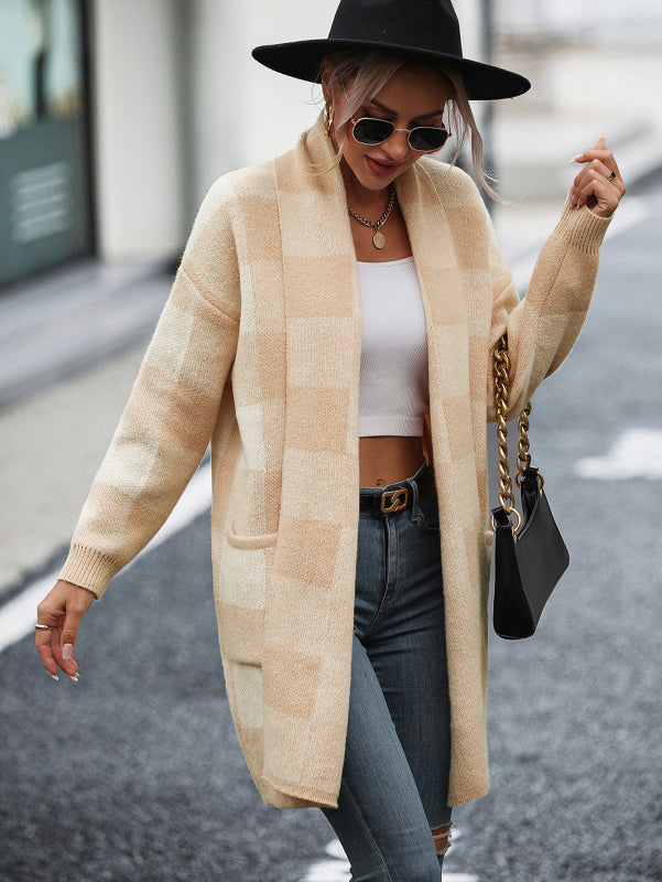 Cardigans- Women's Knit Plaid Pockets Long Cardigan - Shawl Collar Sweater Coat- Beige- IndioGear Fashion and Gear