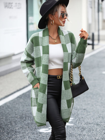 Cardigans- Women's Knit Plaid Pockets Long Cardigan - Shawl Collar Sweater Coat- - IndioGear Fashion and Gear