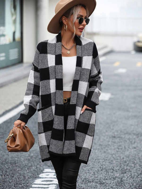 Cardigans- Women's Knit Plaid Pockets Long Cardigan - Shawl Collar Sweater Coat- Black- IndioGear Fashion and Gear