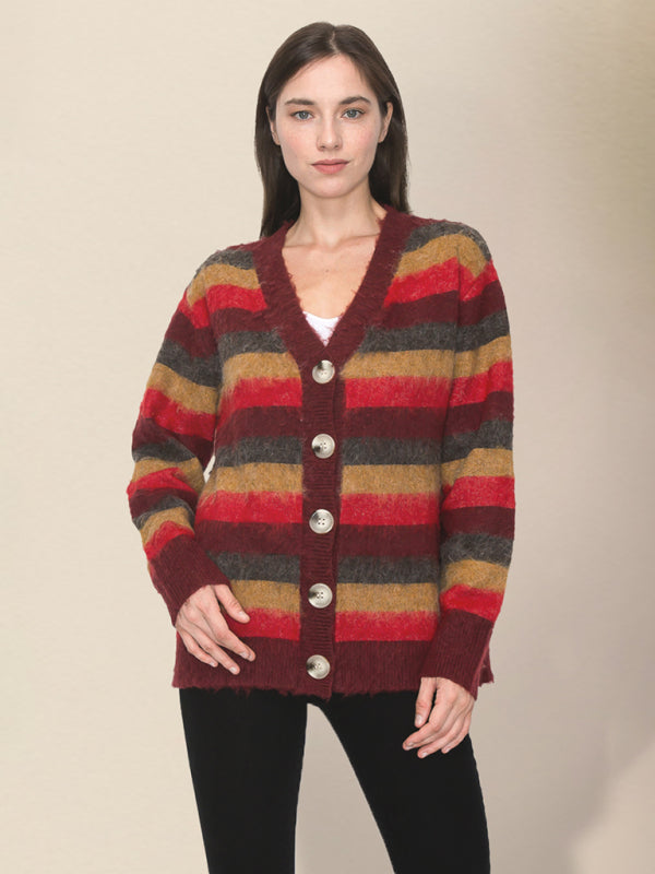 Cardigans- Wool Blend Stripe Knit Grandpa Cardigan- - IndioGear Clothing and Gear