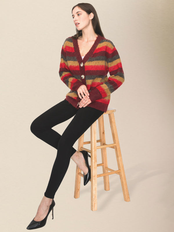 Cardigans- Wool Blend Stripe Knit Grandpa Cardigan- - IndioGear Clothing and Gear