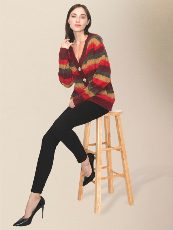 Cardigans- Wool Blend Stripe Knit Grandpa Cardigan- - IndioGear Clothing and Gear