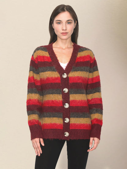 Cardigans- Wool Blend Stripe Knit Grandpa Cardigan- Brown- IndioGear Clothing and Gear