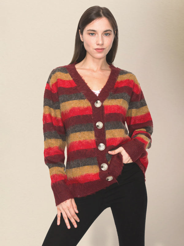 Cardigans- Wool Blend Stripe Knit Grandpa Cardigan- - IndioGear Clothing and Gear