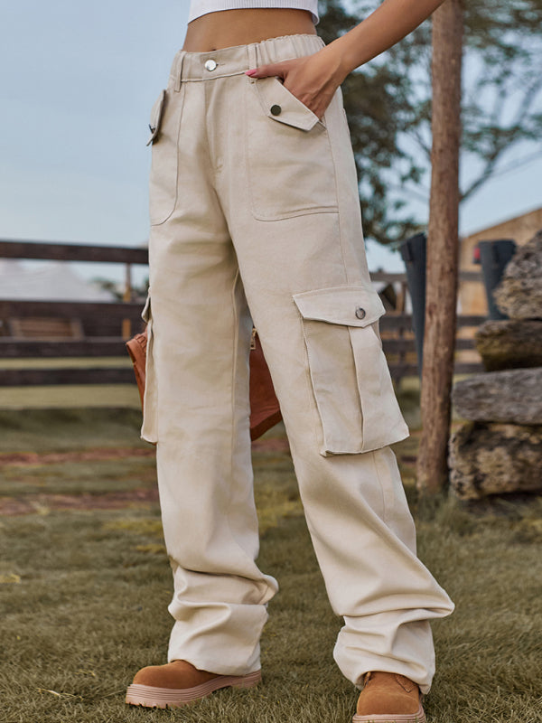 Cargo Trousers- Solid Denim Elastic High-Rise Cargo Trousers - Pants- - IndioGear Fashion and Gear