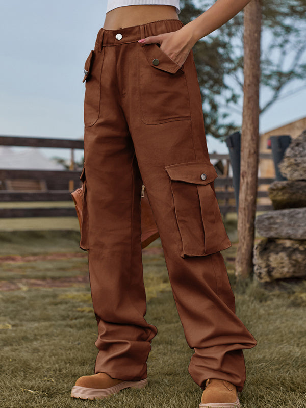 Cargo Trousers- Solid Denim Elastic High-Rise Cargo Trousers - Pants- Brown Rust- IndioGear Fashion and Gear