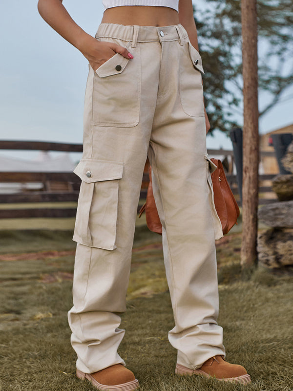 Cargo Trousers- Solid Denim Elastic High-Rise Cargo Trousers - Pants- Khaki- IndioGear Fashion and Gear