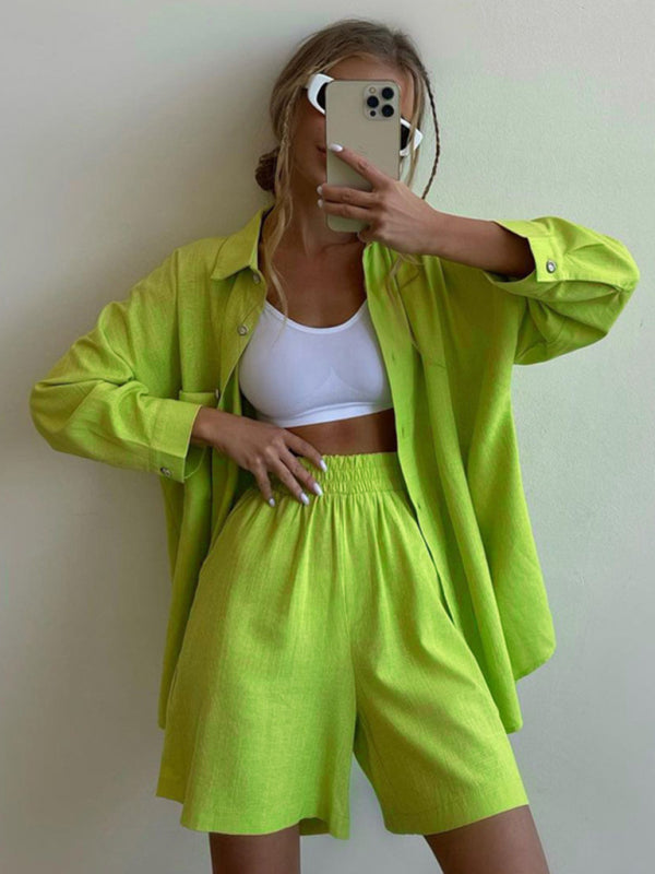 Casual Cotton Set Top + Shorts- Style and Comfort: Women's Casual Cotton Set Loose Shorts & Shirt- Green- IndioGear Fashion and Gear