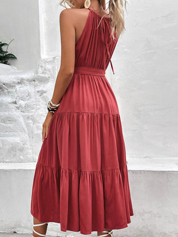 Casual Dresses-A-Line Solid Sleeveless Maxi Dress with Tiered Design & Tie-Belt-Pekosa Women Clothing