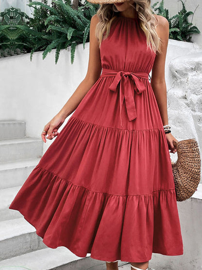 Casual Dresses-A-Line Solid Sleeveless Maxi Dress with Tiered Design & Tie-Belt-Pekosa Women Clothing