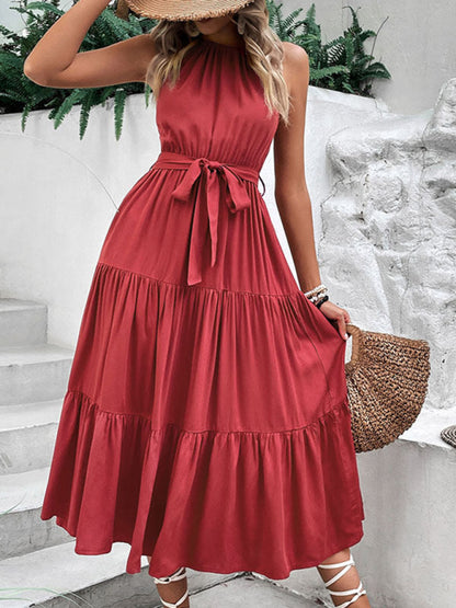 Casual Dresses-A-Line Solid Sleeveless Maxi Dress with Tiered Design & Tie-Belt-Pekosa Women Clothing