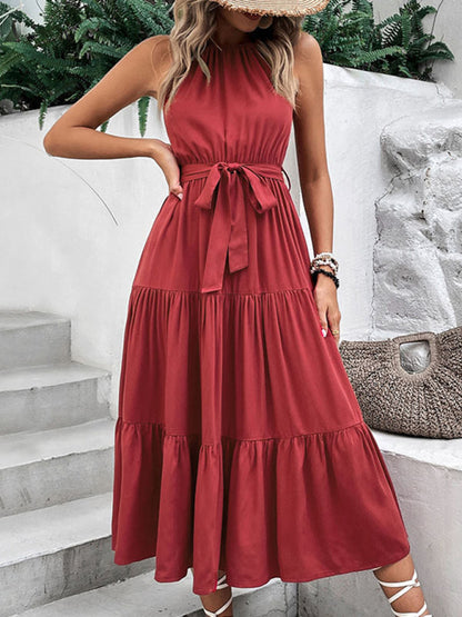 Casual Dresses-A-Line Solid Sleeveless Maxi Dress with Tiered Design & Tie-Belt-Pekosa Women Clothing