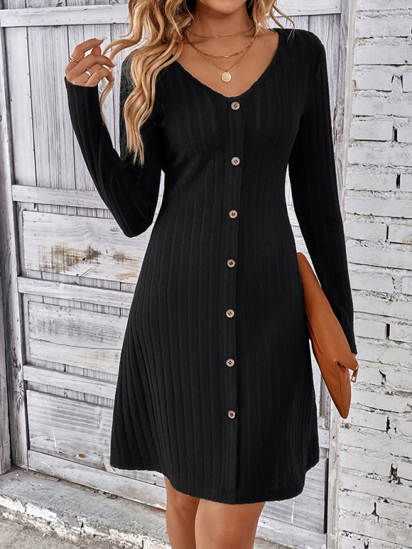 Casual Dresses- Autumn Ribbed Knit Button-Up Mini Dress- - IndioGear Clothing and Gear