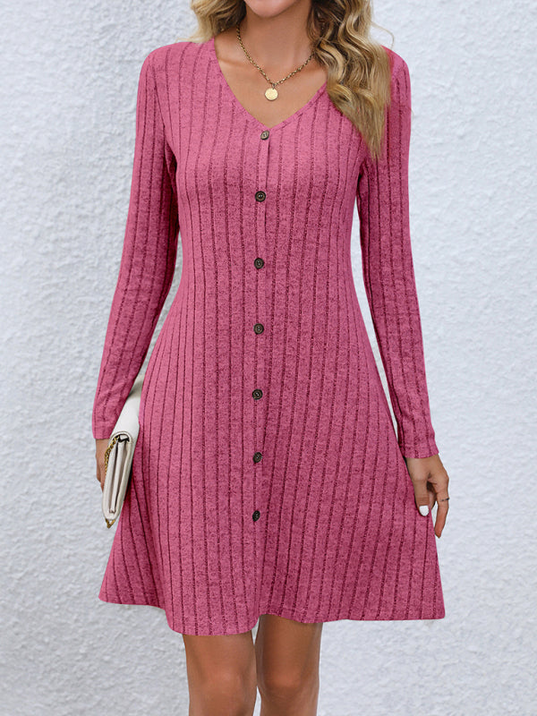 Casual Dresses- Autumn Ribbed Knit Button-Up Mini Dress- Rose- IndioGear Clothing and Gear