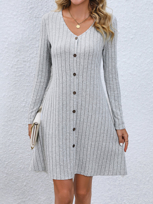 Casual Dresses- Autumn Ribbed Knit Button-Up Mini Dress- Grey- IndioGear Clothing and Gear