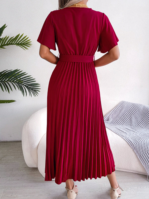 Casual Dresses- Belted Surplice V-Neck Midi Dress in Solid Color- - IndioGear Fashion and Gear